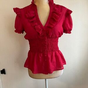 y2k sheer red ruffle blouse button up smockwaist short sleeve vintage